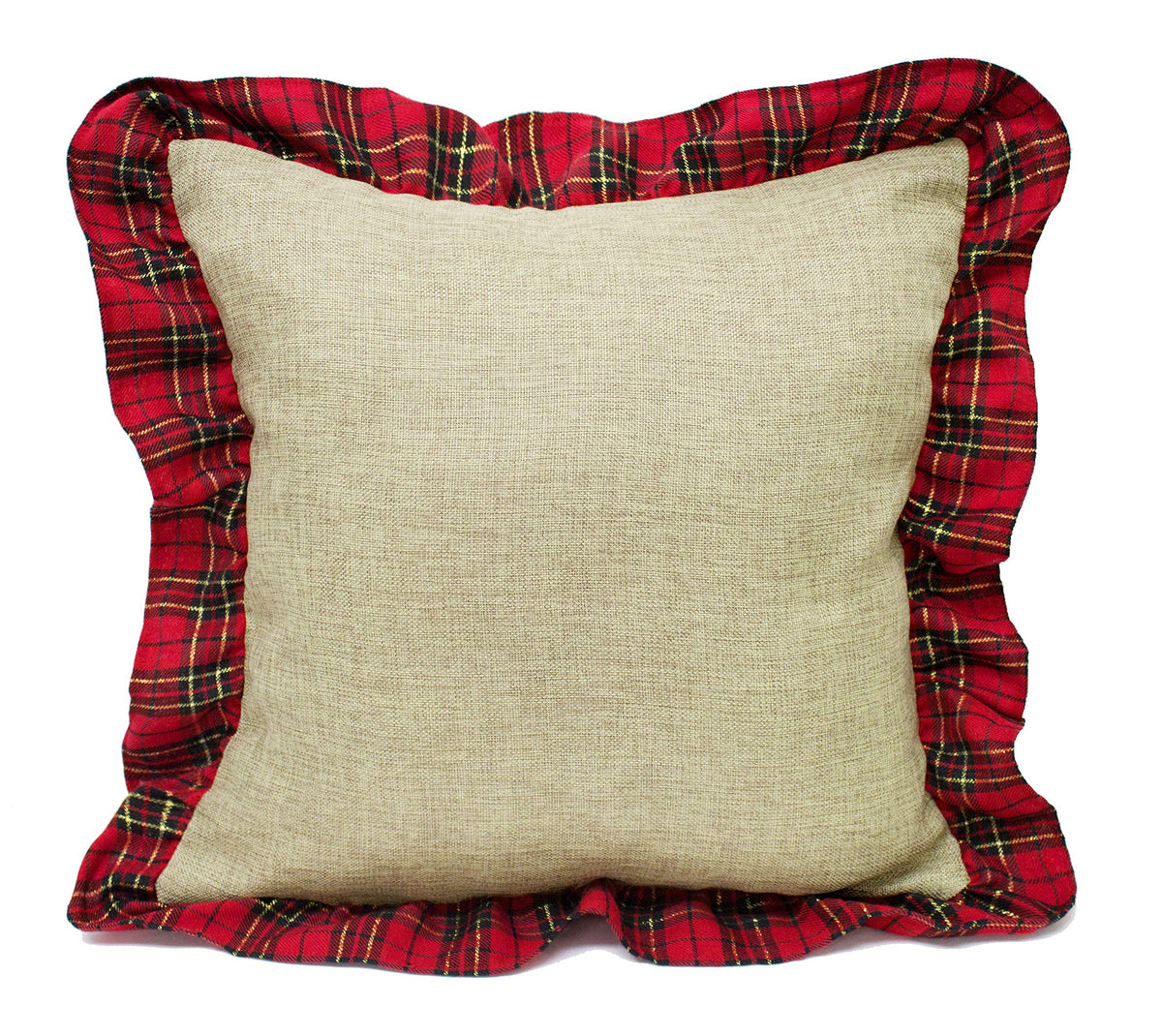 Fennco Styles Holiday Deer Tartan Plaid Ruffle Border Christmas Decorative Throw Pillow (17"x17" Ruffle Flange, Case+Insert)