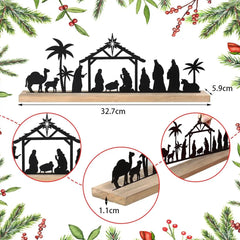 1pc Black Metal Nativity Scene with Wooden Base People Nativity Set Decorations for Christmas Xmas Table Ornaments