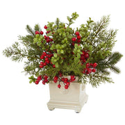 Faux Pine and Red Berry Floral Arrangement in Vase