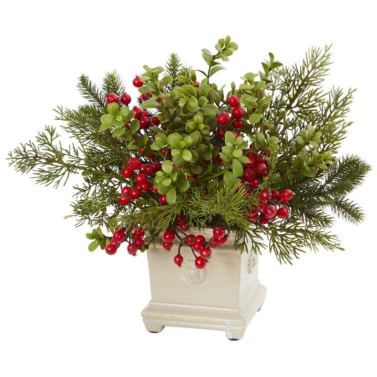 Faux Pine and Red Berry Floral Arrangement in Vase