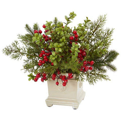Faux Pine and Red Berry Floral Arrangement in Vase