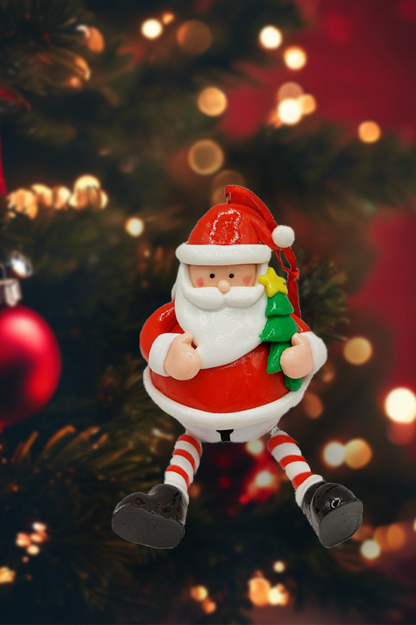 Christmas Ornament - Glossy Gingerbread Santa with Dangling Legs and Bell. Wizardi Festive Decoration F07-N2-15-SBB004A