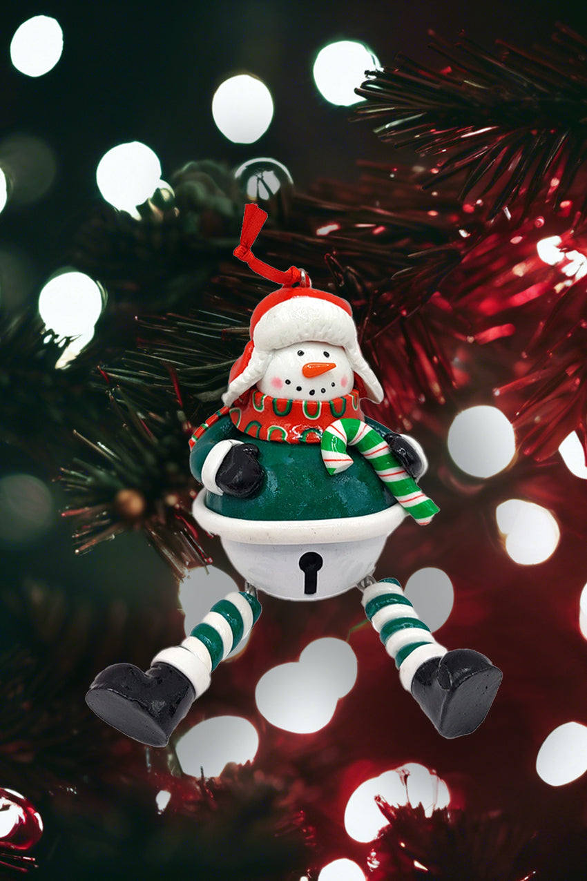 Christmas Ornament - Glossy Gingerbread Snowman with Dangling Legs and Bell. Wizardi Festive Decoration F07-N2-15-SBB004B