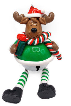 Christmas Ornament - Glossy Gingerbread Reindeer with Dangling Legs and Bell. Wizardi Festive Decoration F07-N2-15-SBB004C