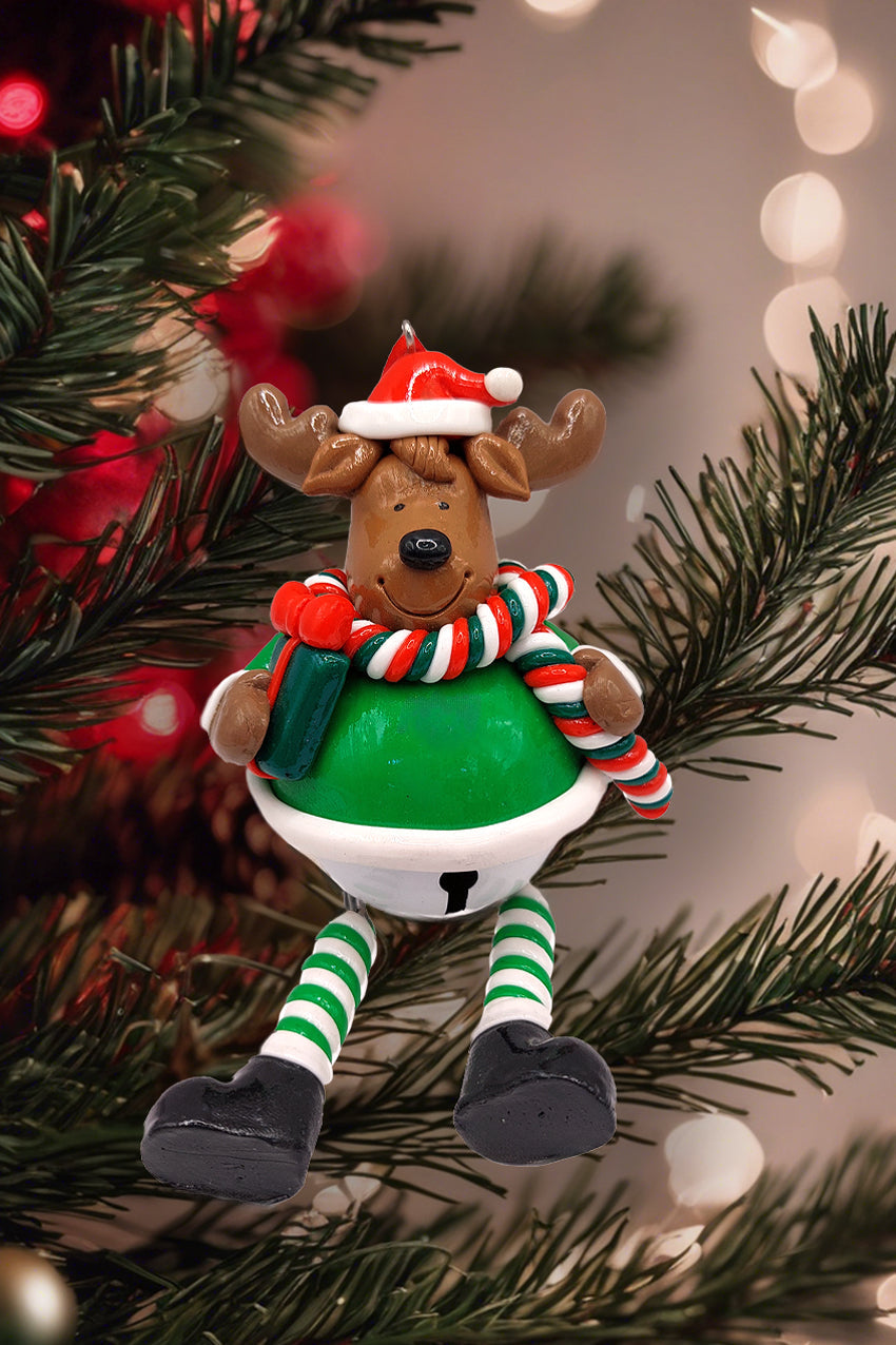 Christmas Ornament - Glossy Gingerbread Reindeer with Dangling Legs and Bell. Wizardi Festive Decoration F07-N2-15-SBB004C