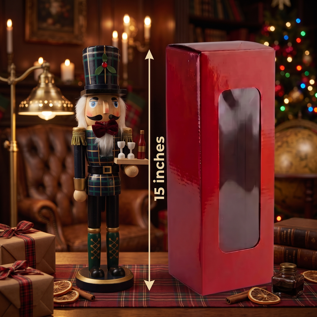 Tartan Butler with Wine Tray Christmas Wooden Nutcracker 15 in by Wizardi F07M14-20-N01850C