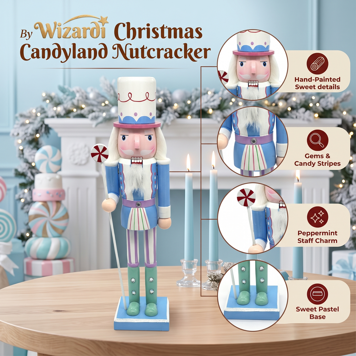 Pastel Blue Candyland Christmas Wooden Nutcracker 12 in by Wizardi F07M14-30-N01703 blue stand