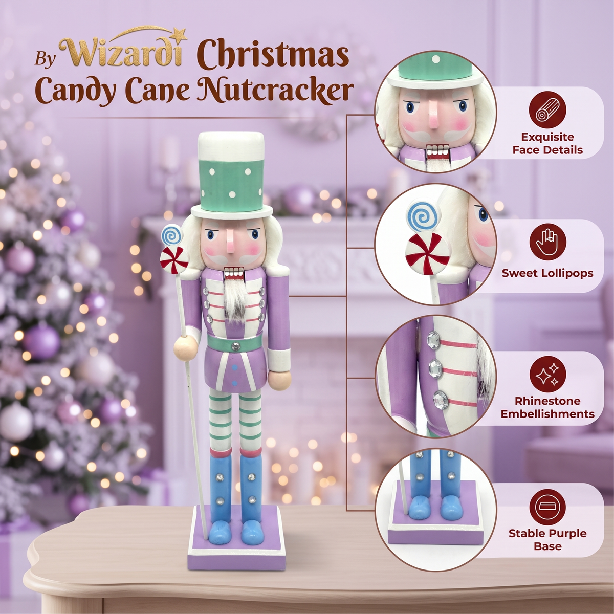 Lavender Pastel Lollipop Christmas Wooden Nutcracker 12 in by Wizardi F07M14-30-N01703 purple stand