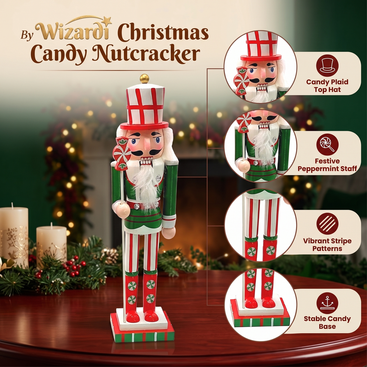 Peppermint Candy Soldier Christmas Wooden Nutcracker 12 in by Wizardi F07M14-31-N01702A