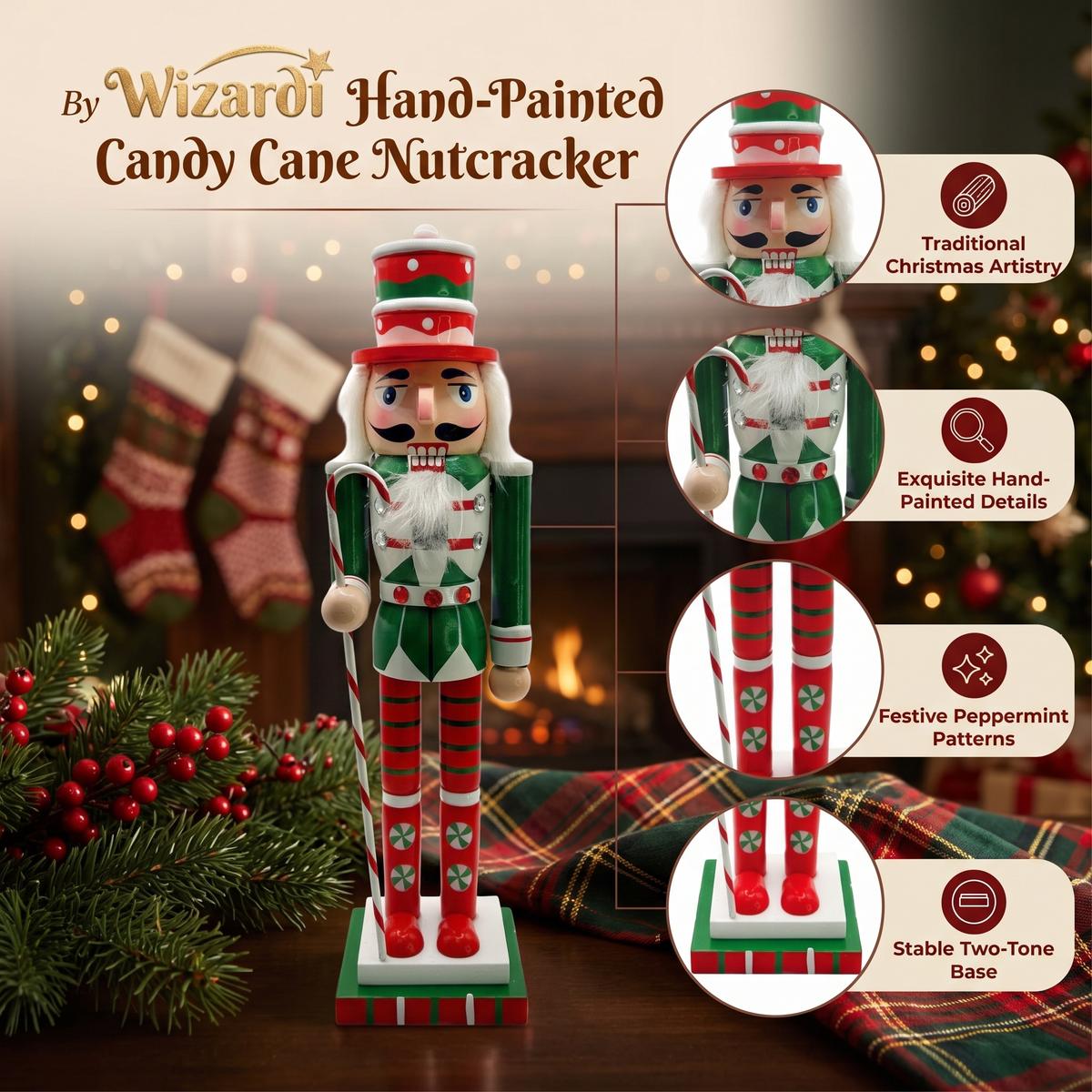 Candy Cane Soldier Christmas Wooden Nutcracker 12 in by Wizardi F07M14-31-N01702C