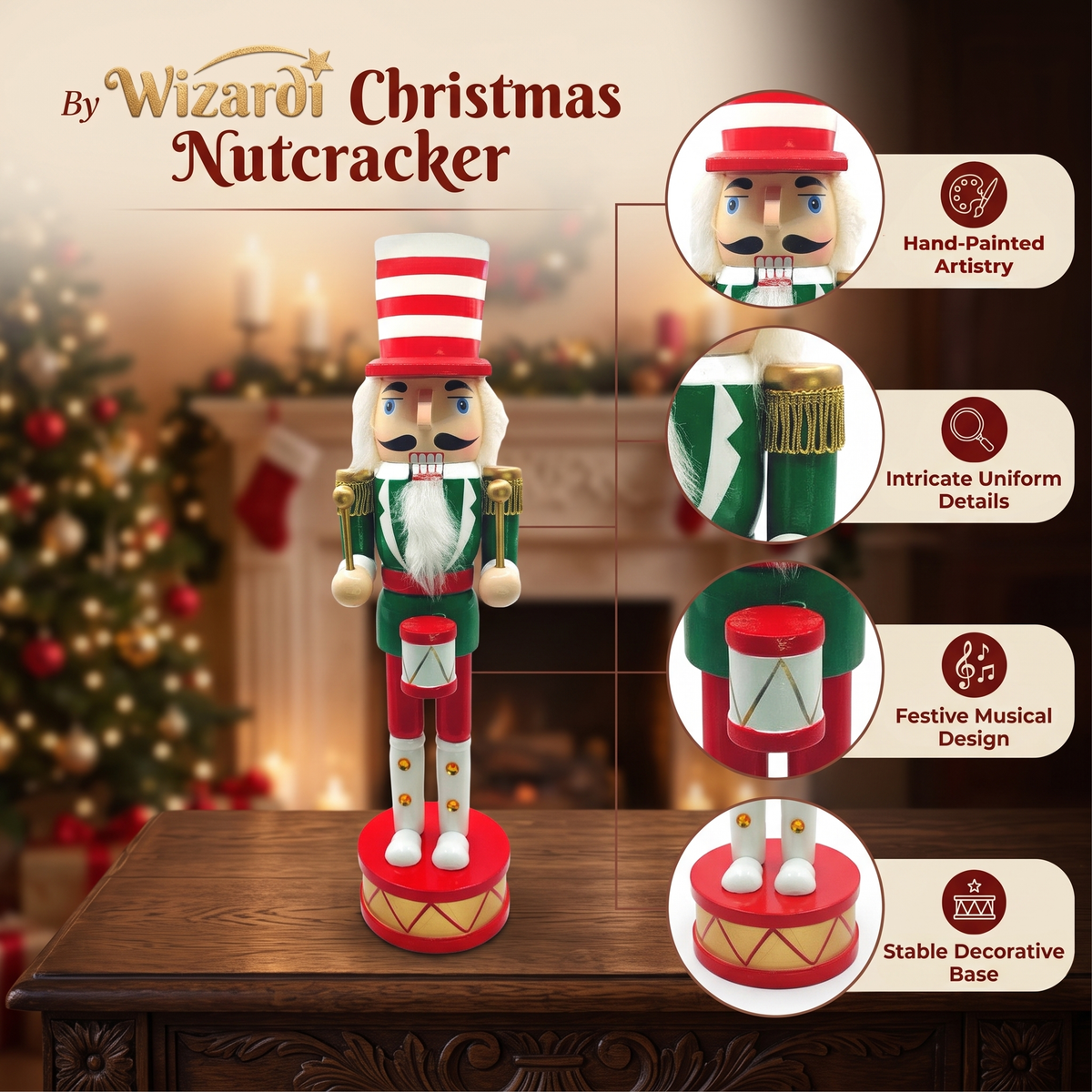 Candy Stripe Hat Drummer Christmas Wooden Nutcracker 15 in by Wizardi F07M14-32-N01819A