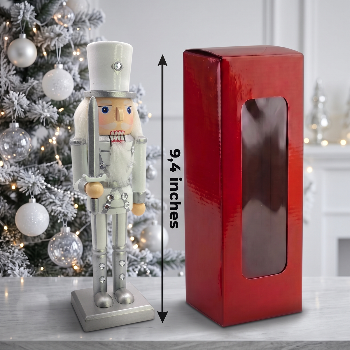 White and Silver Rhinestone Swordsman Christmas Wooden Nutcracker 9 in by Wizardi F07M14-34-N01364A