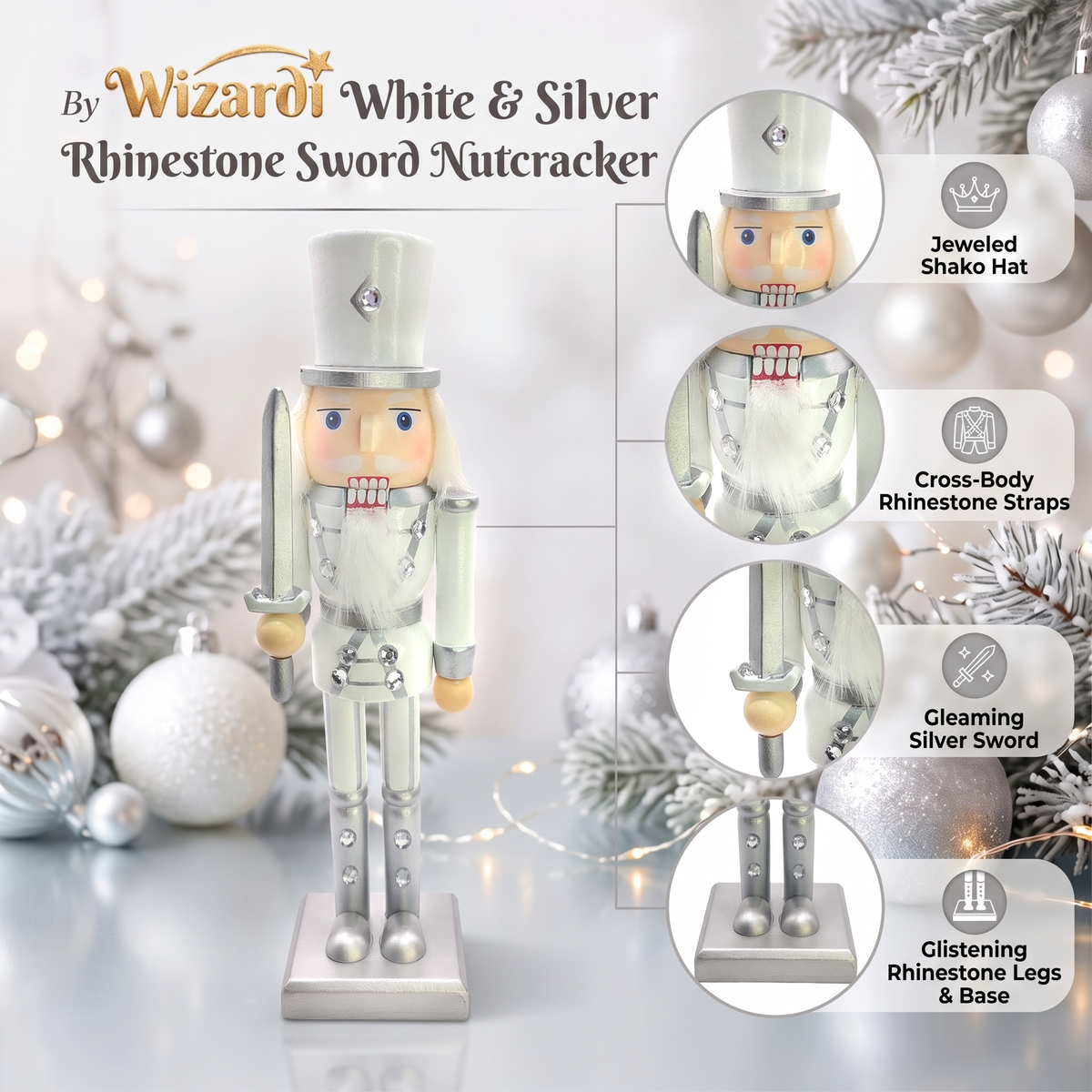 White and Silver Rhinestone Swordsman Christmas Wooden Nutcracker 9 in by Wizardi F07M14-34-N01364A