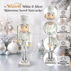 White and Silver Rhinestone Swordsman Christmas Wooden Nutcracker 9 in by Wizardi F07M14-34-N01364A