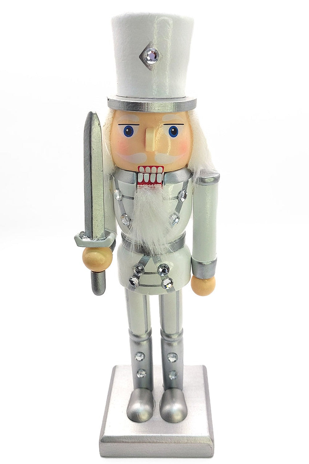 White and Silver Rhinestone Swordsman Christmas Wooden Nutcracker 9 in by Wizardi F07M14-34-N01364A