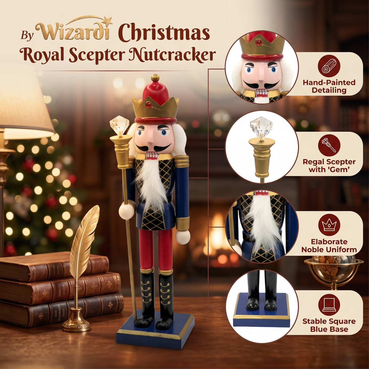 Navy and Gold King with Crystal Scepter Christmas Wooden Nutcracker 12 in by Wizardi F07M14-38-N01724B