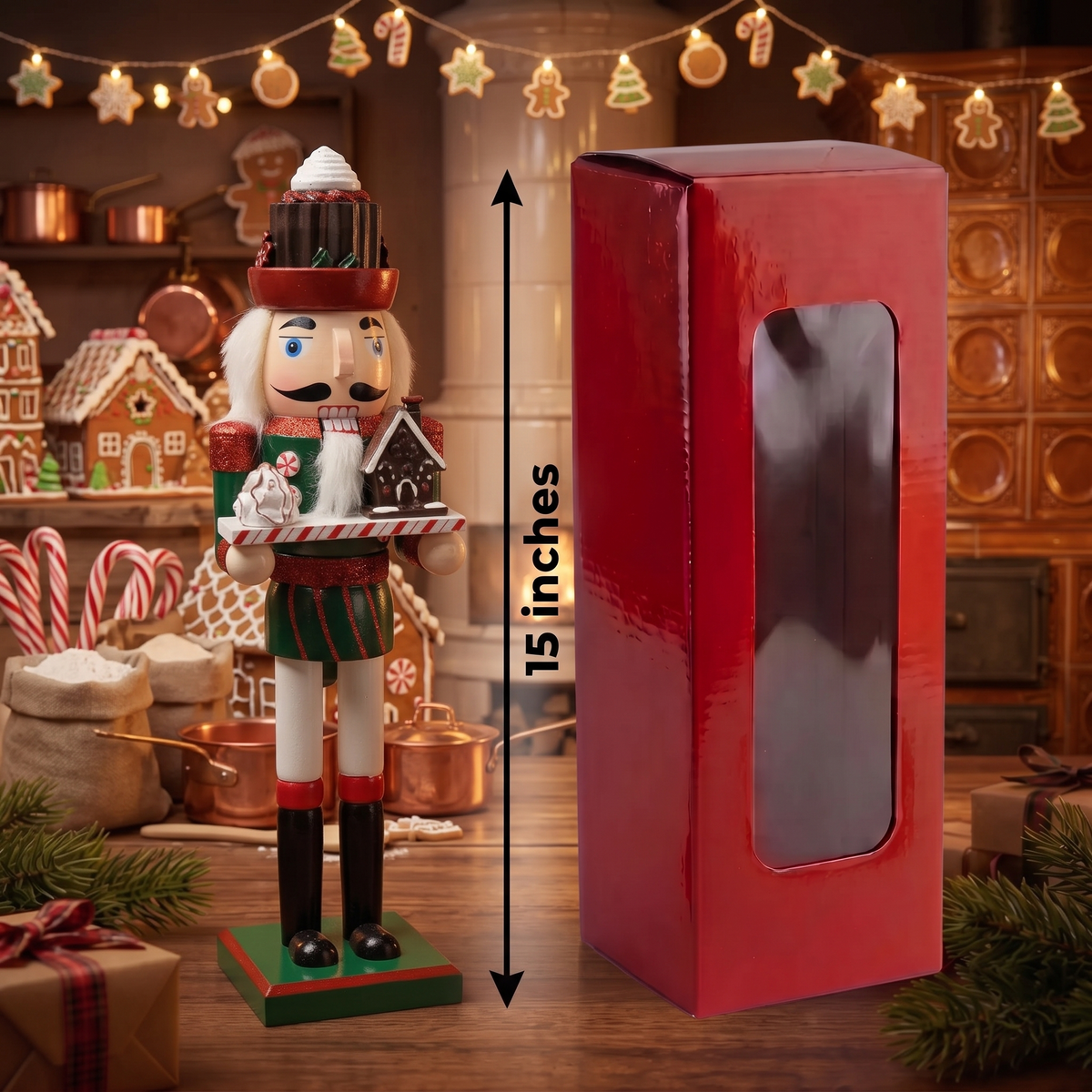 Chocolate Cupcake Baker with Gingerbread House Christmas Wooden Nutcracker 15 in by Wizardi F07M14-43-XC4617B