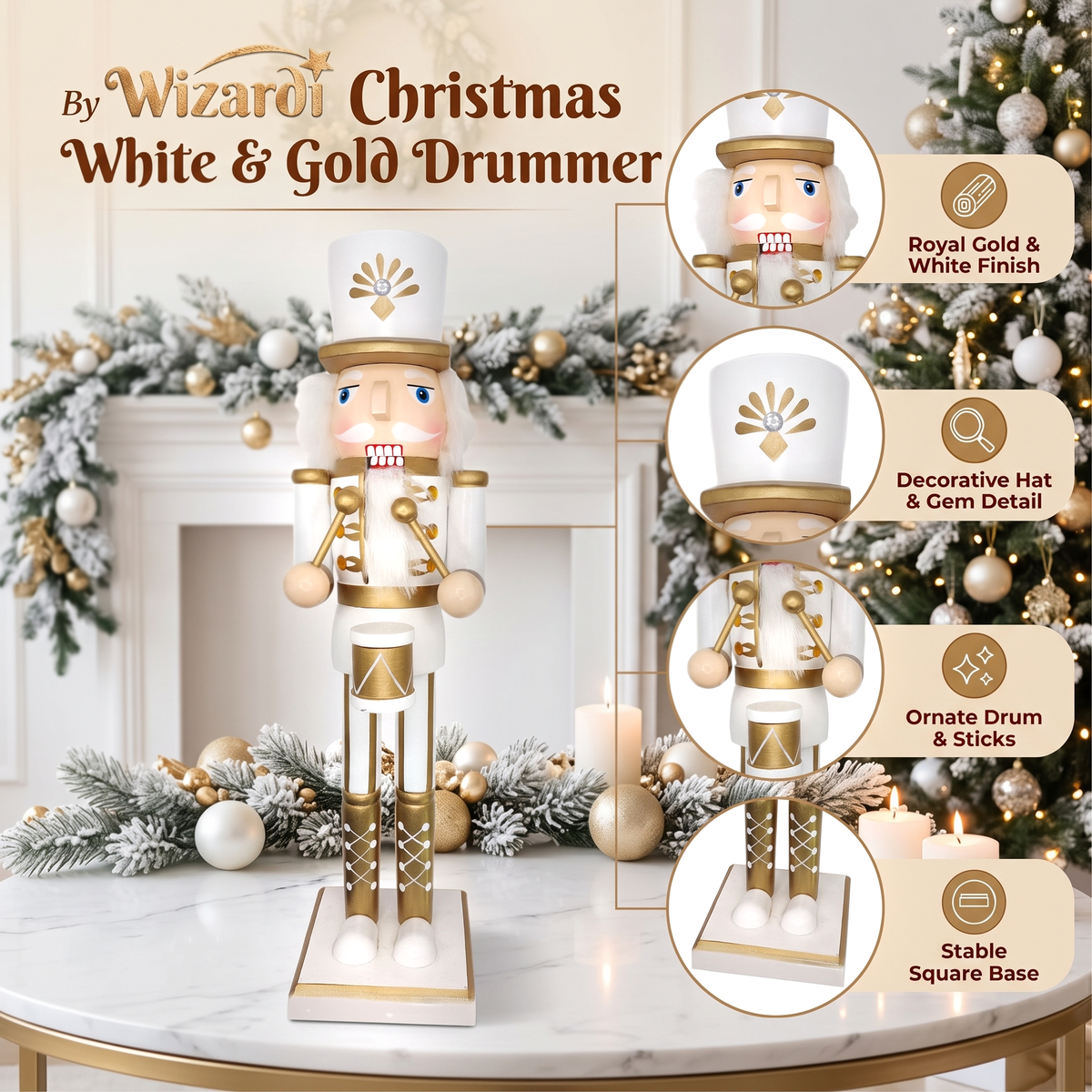 White and Gold Royal Drummer Christmas Wooden Nutcracker 15 in by Wizardi F07M14-45-N01315A