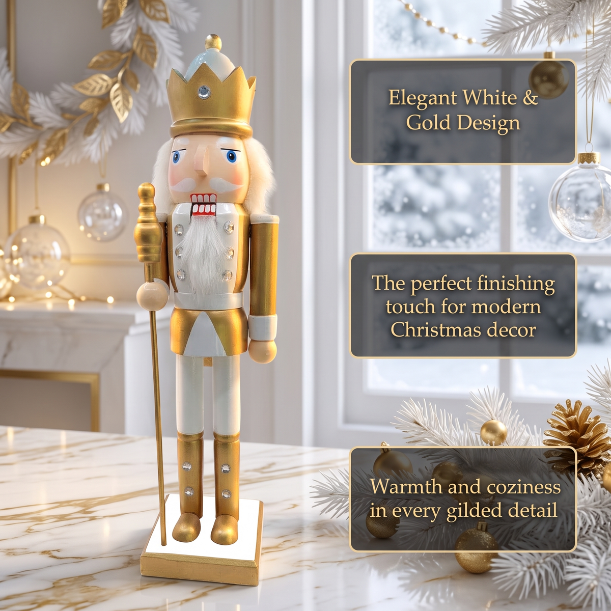 White and Gold King with Scepter Christmas Wooden Nutcracker 15 in by Wizardi F07M14-45-N01315B