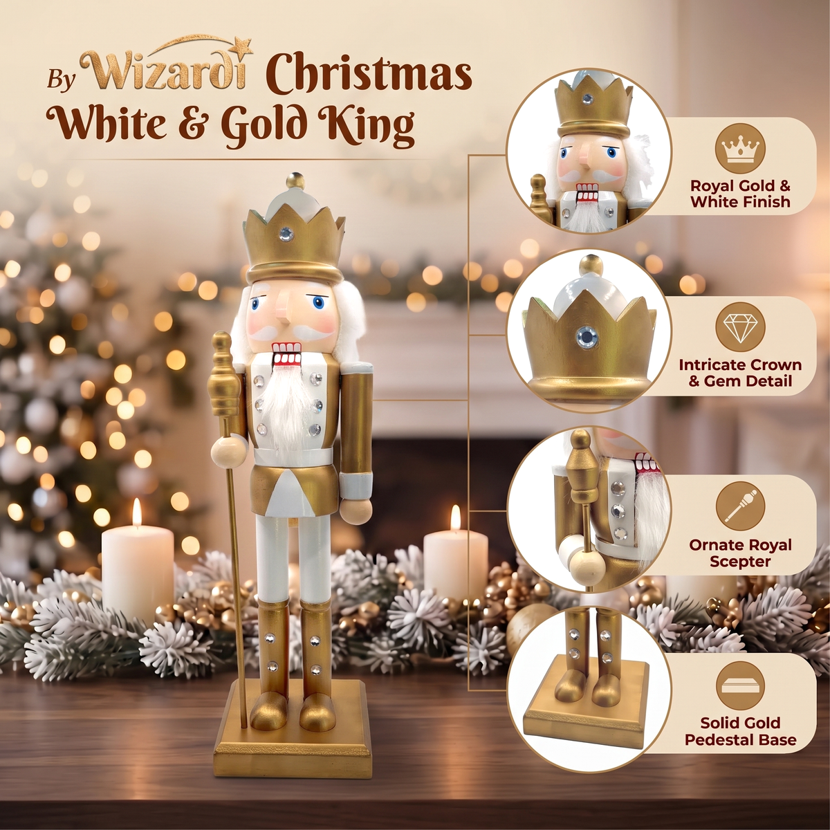 White and Gold King with Scepter Christmas Wooden Nutcracker 15 in by Wizardi F07M14-45-N01315B