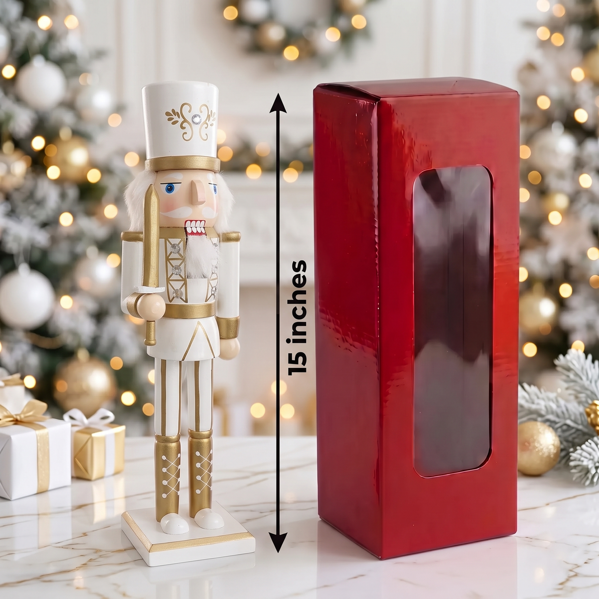 White and Gold Swordsman Christmas Wooden Nutcracker 15 in by Wizardi F07M14-45-N01315C
