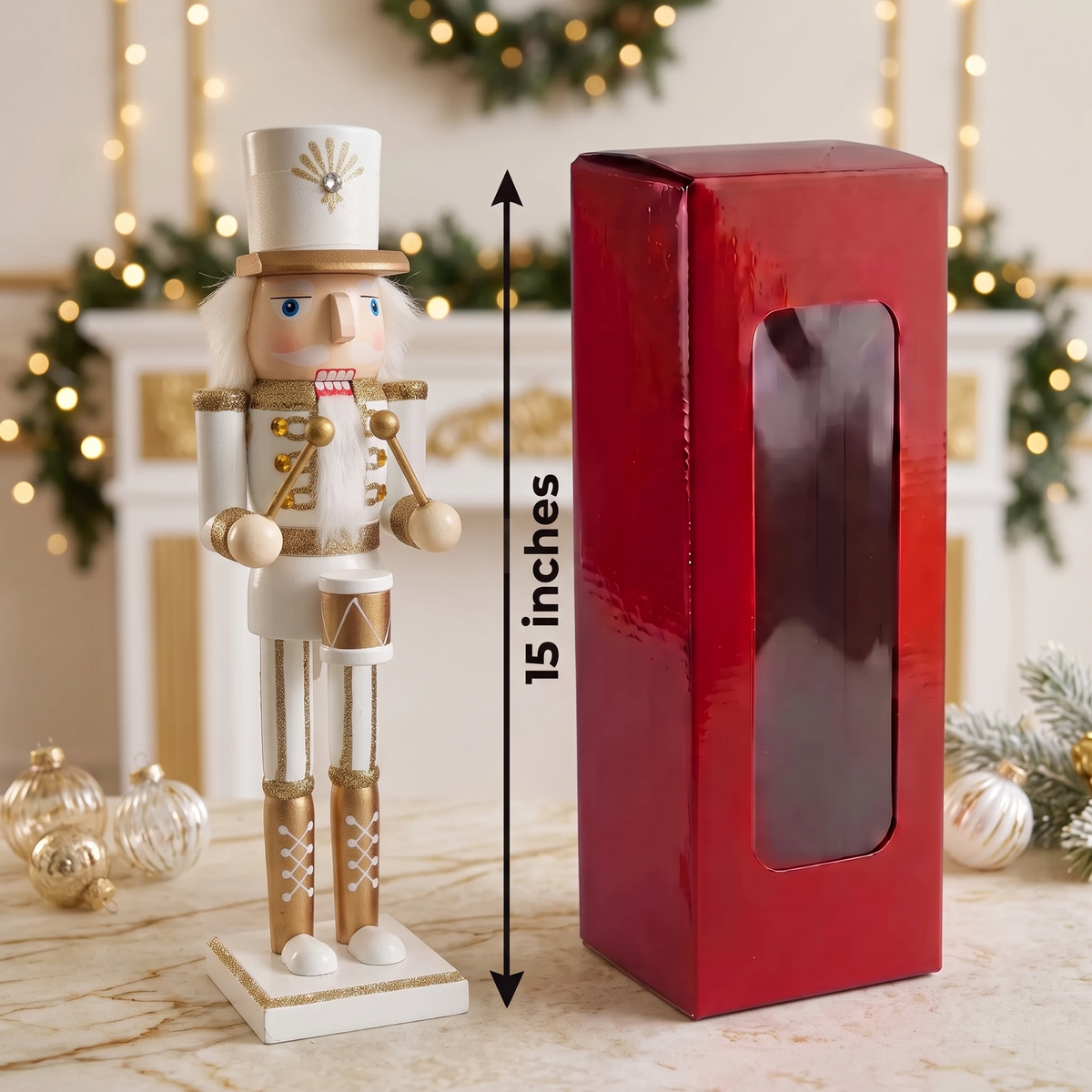 Winter White and Gold Drummer Christmas Wooden Nutcracker 15 in by Wizardi F07M6-12A