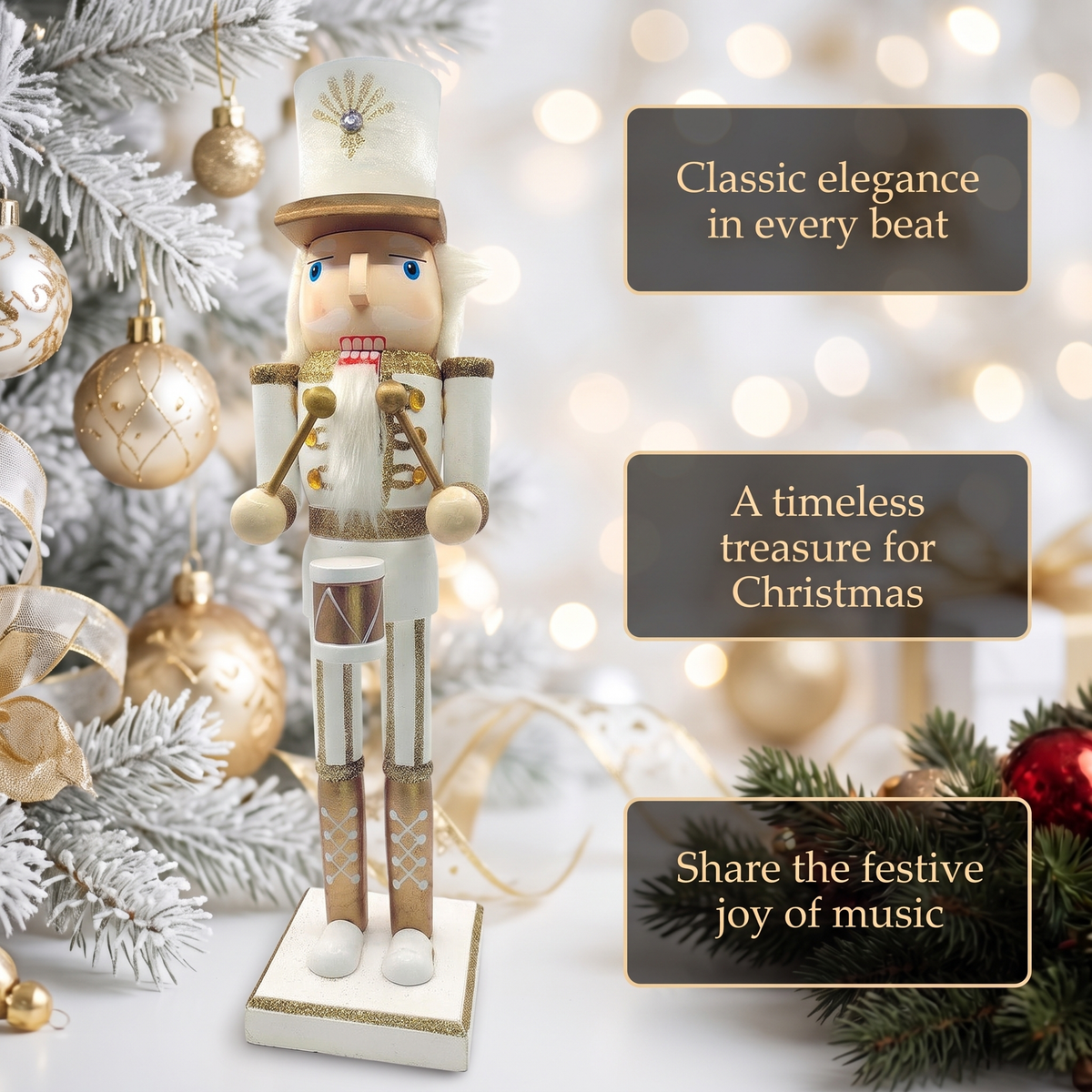 Winter White and Gold Drummer Christmas Wooden Nutcracker 15 in by Wizardi F07M6-12A