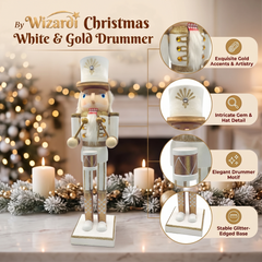 Winter White and Gold Drummer Christmas Wooden Nutcracker 15 in by Wizardi F07M6-12A