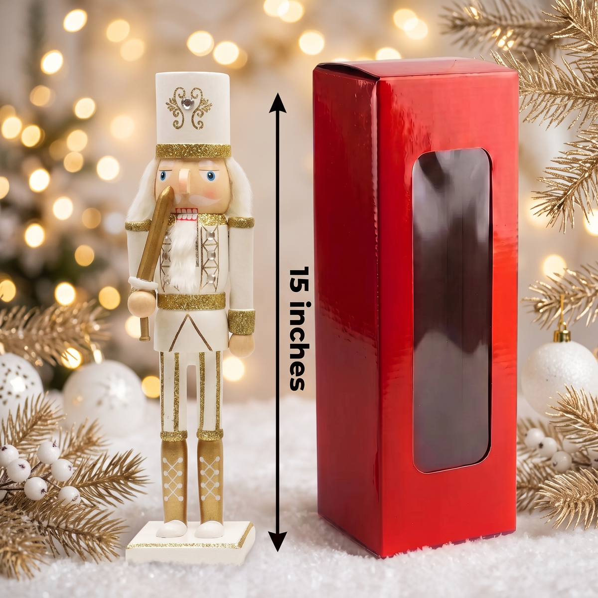 Winter White and Gold Swordsman Christmas Wooden Nutcracker 15 in by Wizardi F07M6-12C