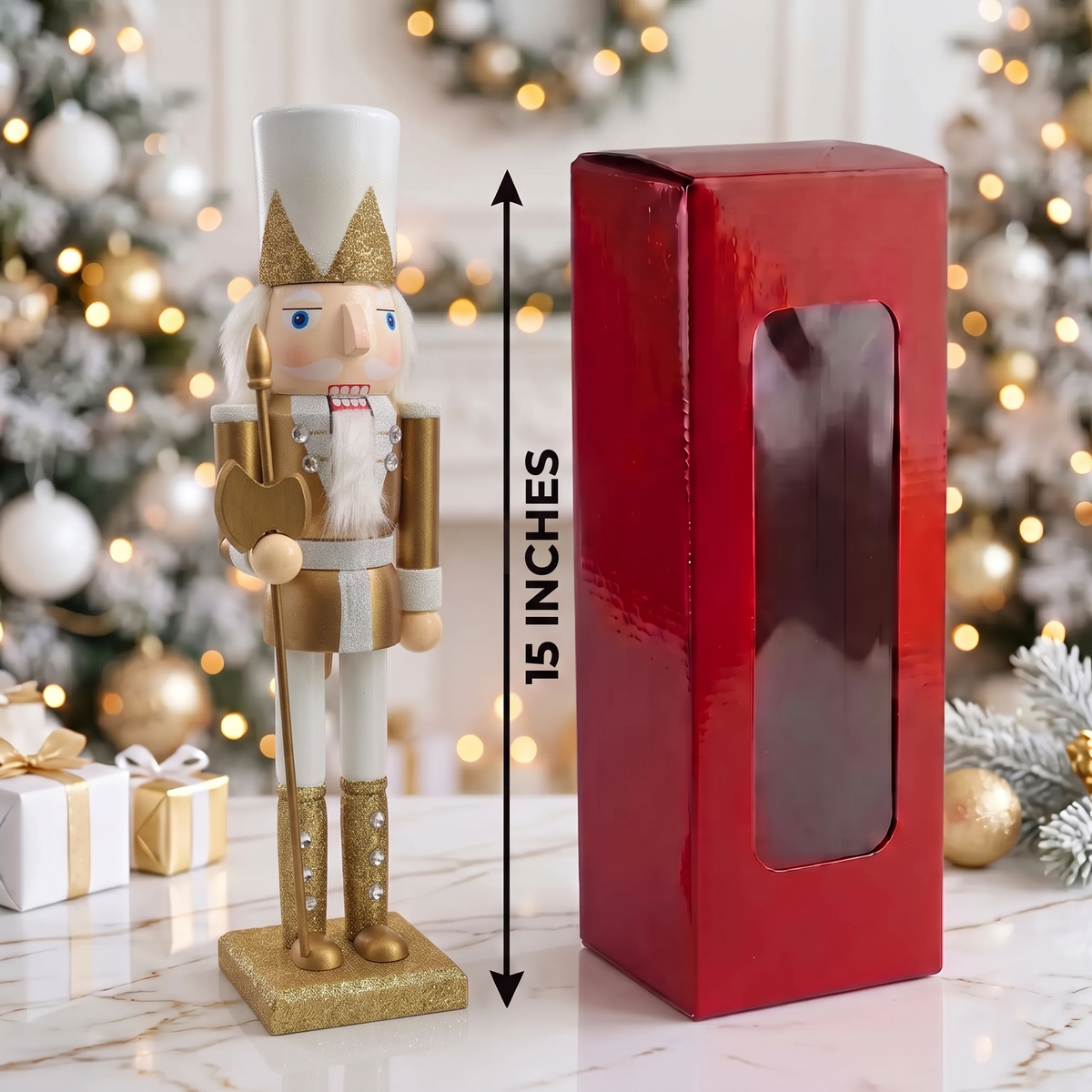 Winter White and Gold Guardian with Halberd Christmas Wooden Nutcracker 15 in by Wizardi F07M6-12D