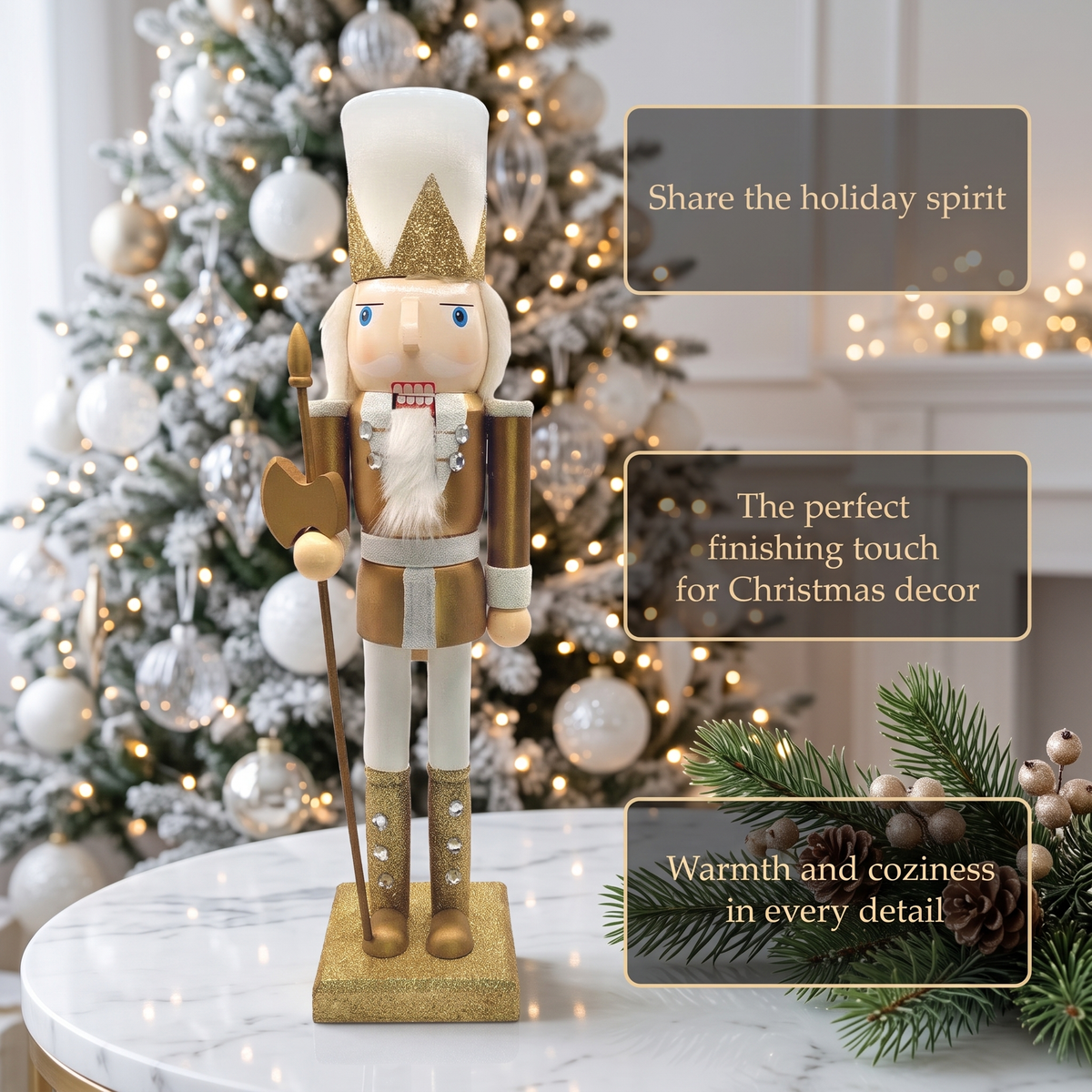Winter White and Gold Guardian with Halberd Christmas Wooden Nutcracker 15 in by Wizardi F07M6-12D