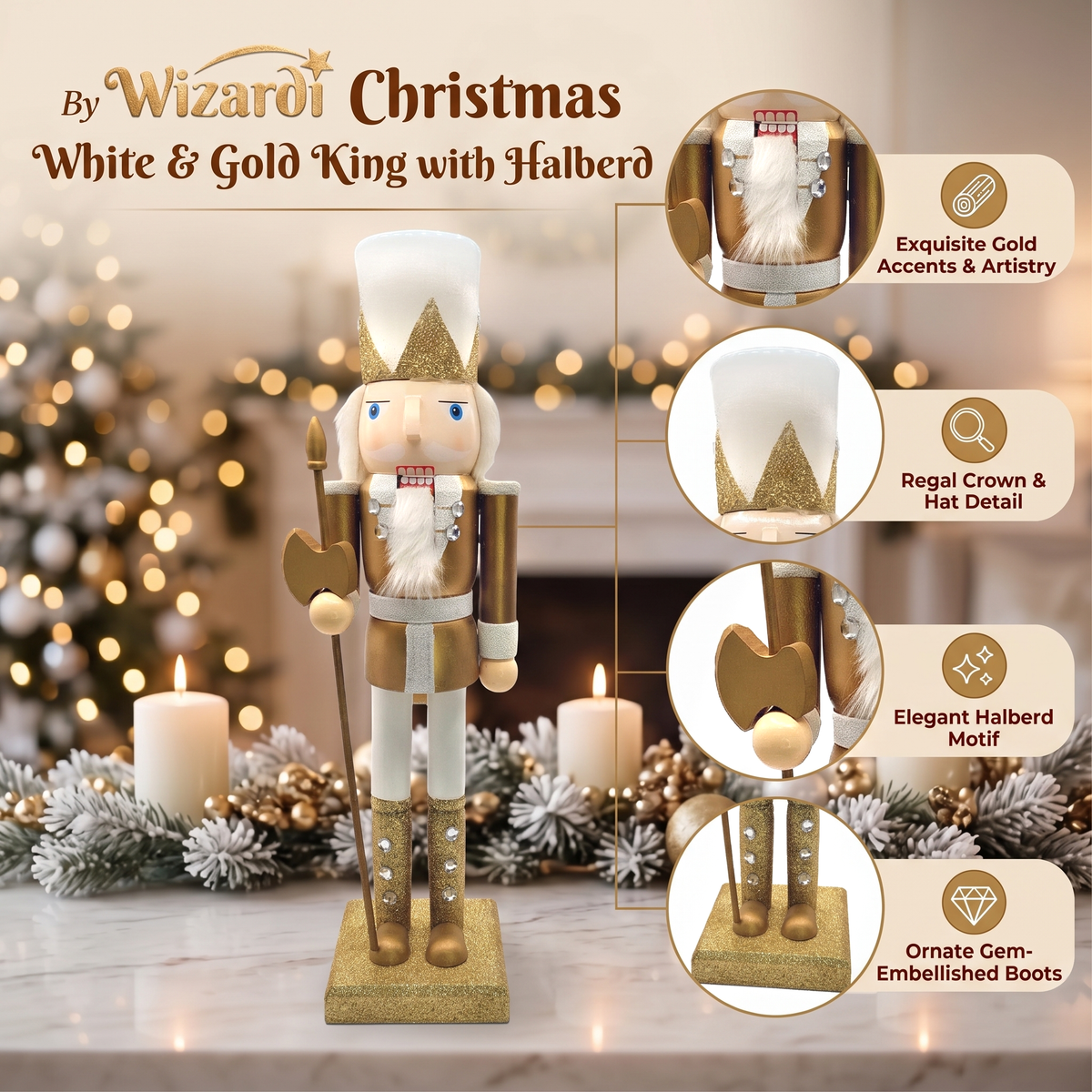 Winter White and Gold Guardian with Halberd Christmas Wooden Nutcracker 15 in by Wizardi F07M6-12D