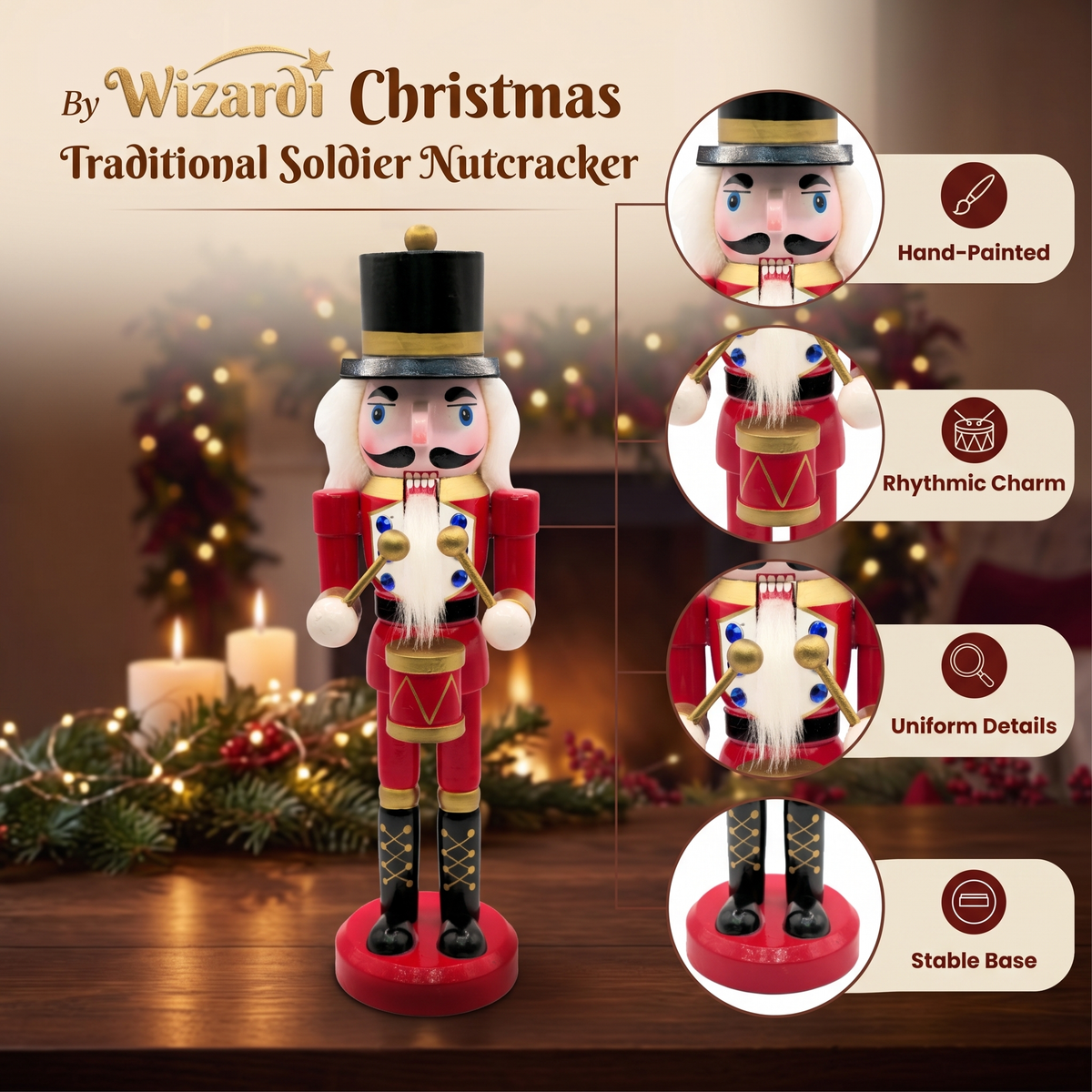 Classic Red Drummer Christmas Wooden Nutcracker 10 in by Wizardi F07M6-13A