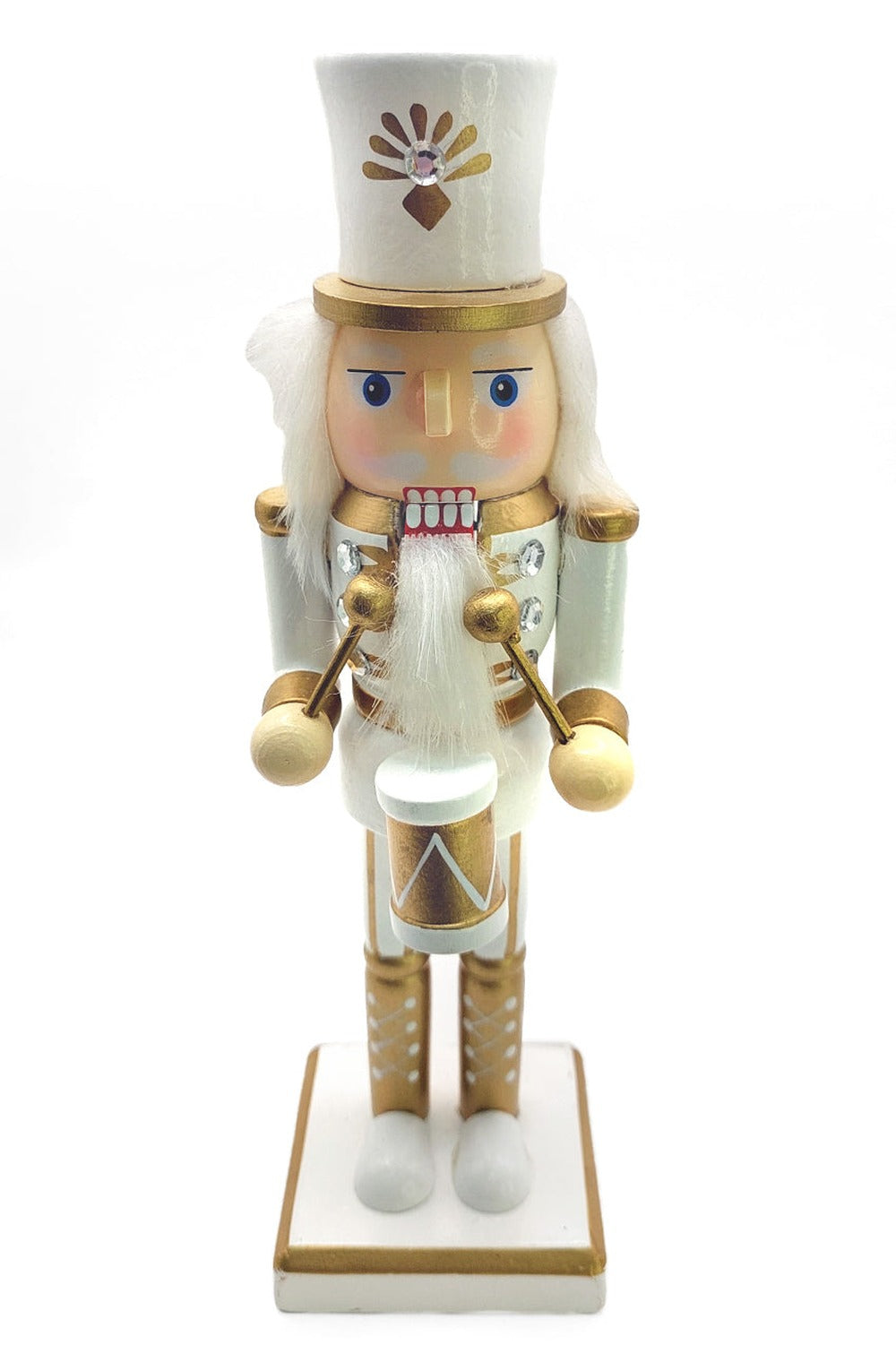 White and Gold Drummer Christmas Wooden Nutcracker 10 in