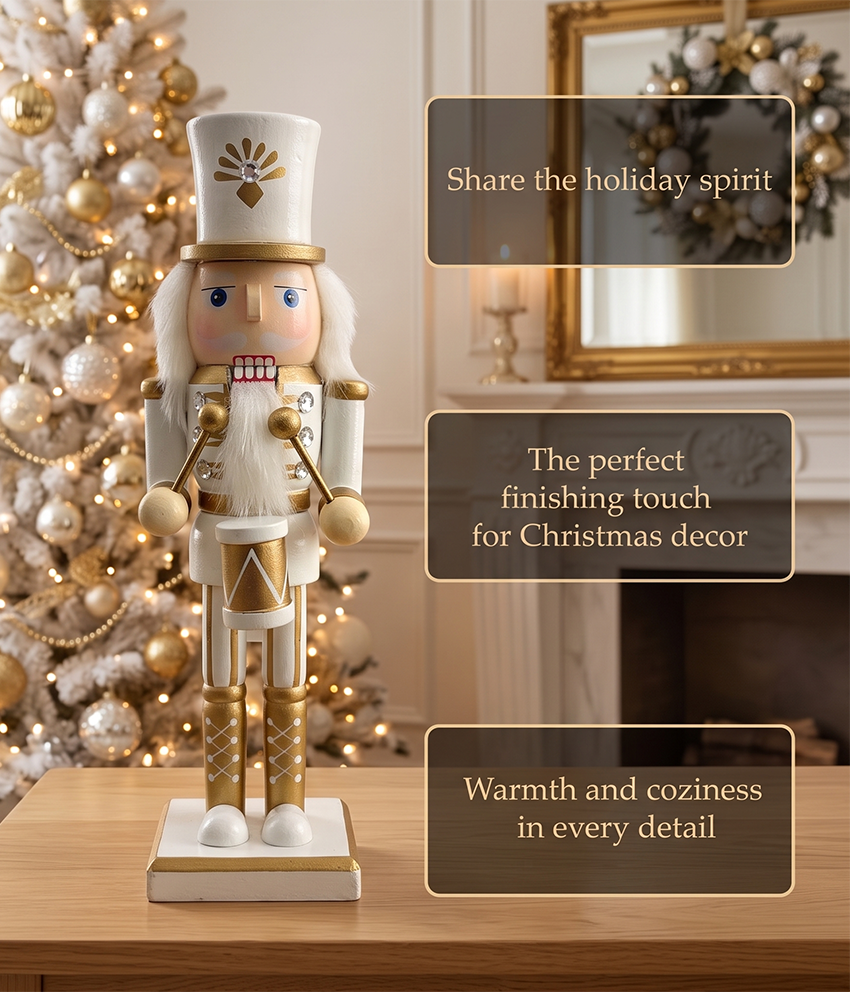 White and Gold Drummer Christmas Wooden Nutcracker 10 in by Wizardi F07M6-14C