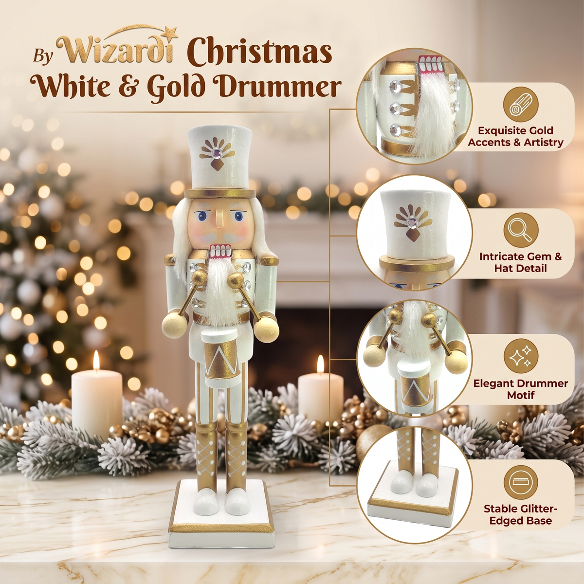 White and Gold Drummer Christmas Wooden Nutcracker 10 in by Wizardi F07M6-14C