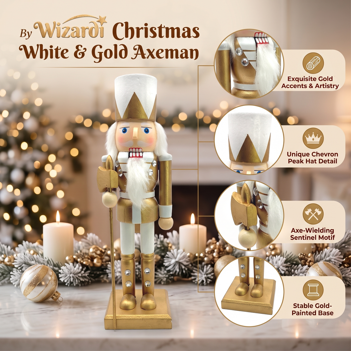 White and Gold Axeman Christmas Wooden Nutcracker 10 in by Wizardi F07M6-14D