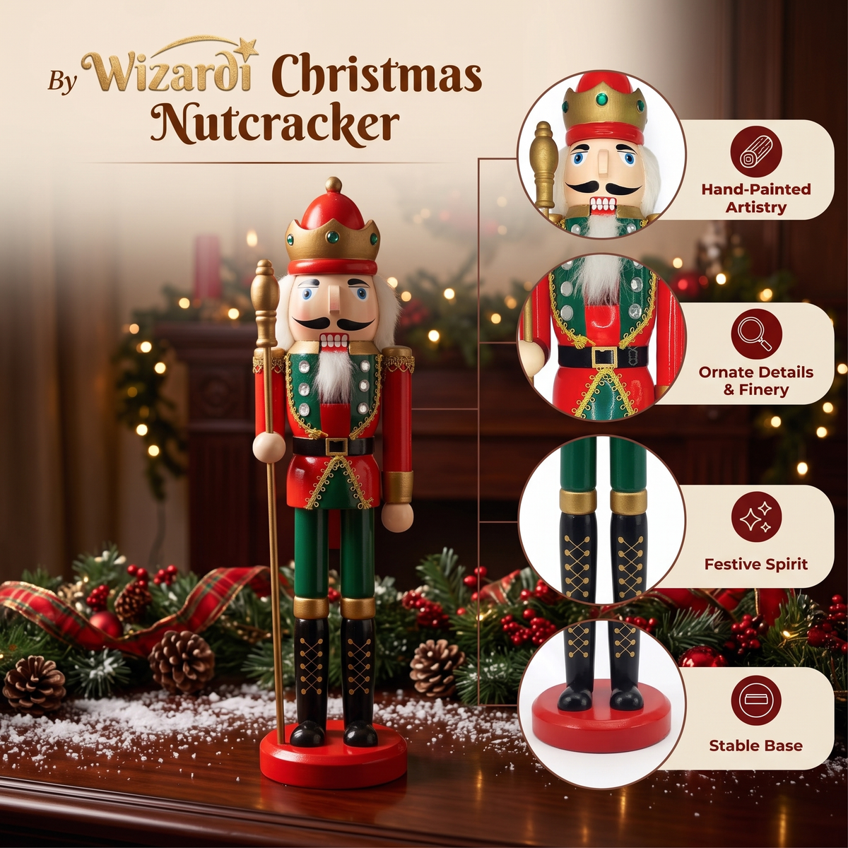 Royal King with Gold Scepter Christmas Wooden Nutcracker 15 in by Wizardi F07M6-3C