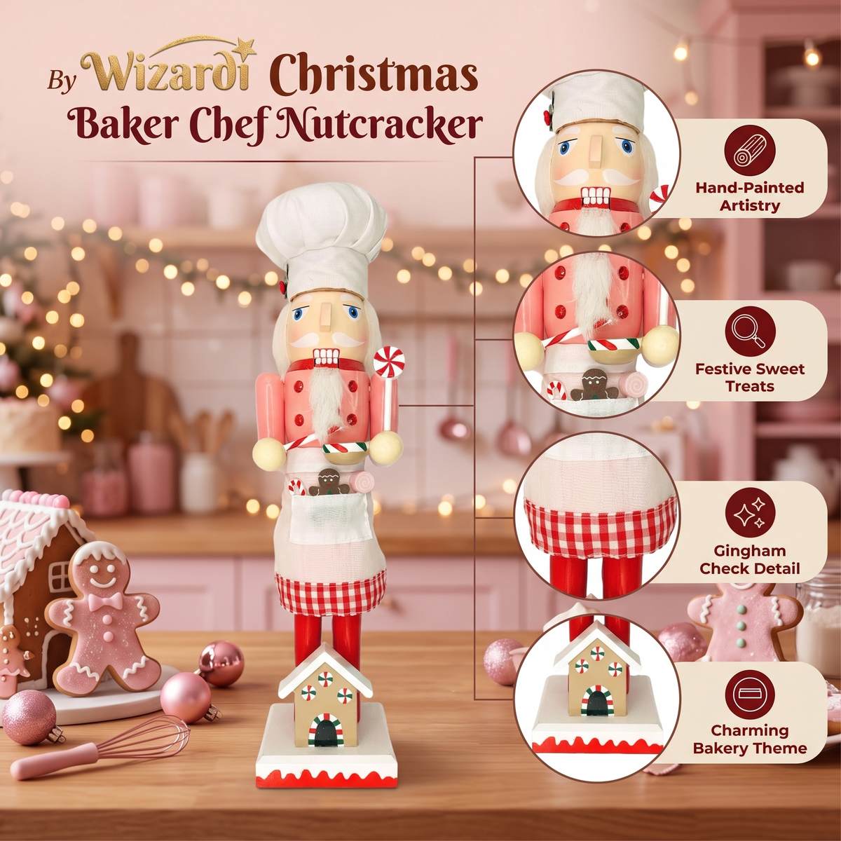 Pink Gingerbread Chef Christmas Wooden Nutcracker 15 in