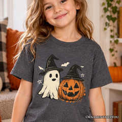 Kids Witch Hat Ghost and Pumpkin T-Shirt, Vintage Halloween Jack O’ Lantern Youth Tee
