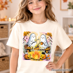 Kids Cozy Campfire Ghosts T-Shirt, Fall Halloween Pumpkin Youth Tee