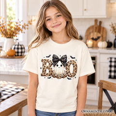 Boo Ghost Leopard Kids T-Shirt, Coquette Bow Halloween Tee for Youth Girls