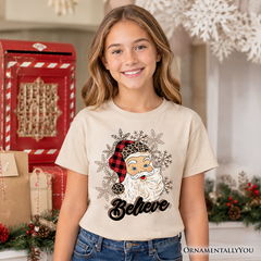 Kids Believe Santa Buffalo Plaid T-Shirt, Retro Christmas Youth Tee