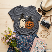 Kids Witch Hat Ghost and Pumpkin T-Shirt, Vintage Halloween Jack O’ Lantern Youth Tee