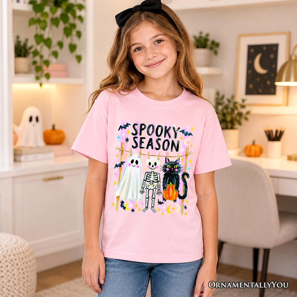 Kids Spooky Season Ghost Skeleton Cat T-Shirt, Colorful Halloween Costume Youth Tee