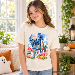 Kids Watercolor Haunted House T-Shirt, Colorful Ghost Pumpkin Halloween Youth Tee