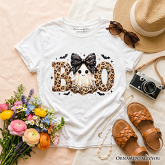 Boo Ghost Leopard Kids T-Shirt, Coquette Bow Halloween Tee for Youth Girls
