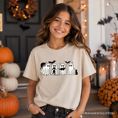 Kids Ghosts and Cats Spooky T-Shirt, Whimsical Halloween Tee for Youth