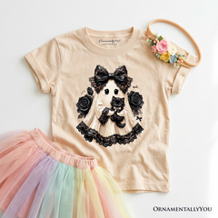 Kids Gothic Ghost with Black Cat T-Shirt, Black Rose Coquette Halloween Youth Tee