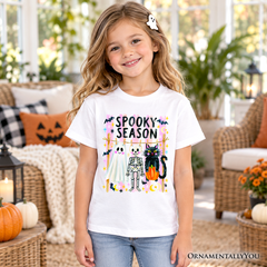 Kids Spooky Season Ghost Skeleton Cat T-Shirt, Colorful Halloween Costume Youth Tee